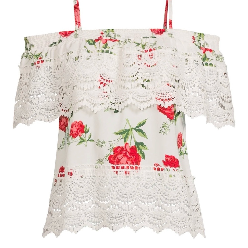 No Boundaries Floral Off the Shoulder Red and White Lace Cami